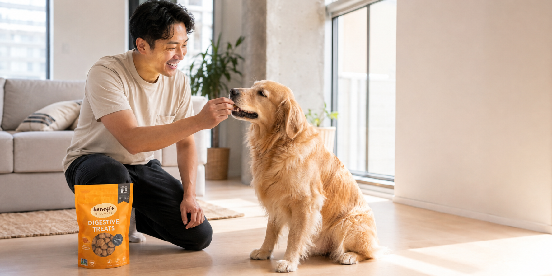 Golden retriever taking a Benefit pumpkin biscuit from its owner at home