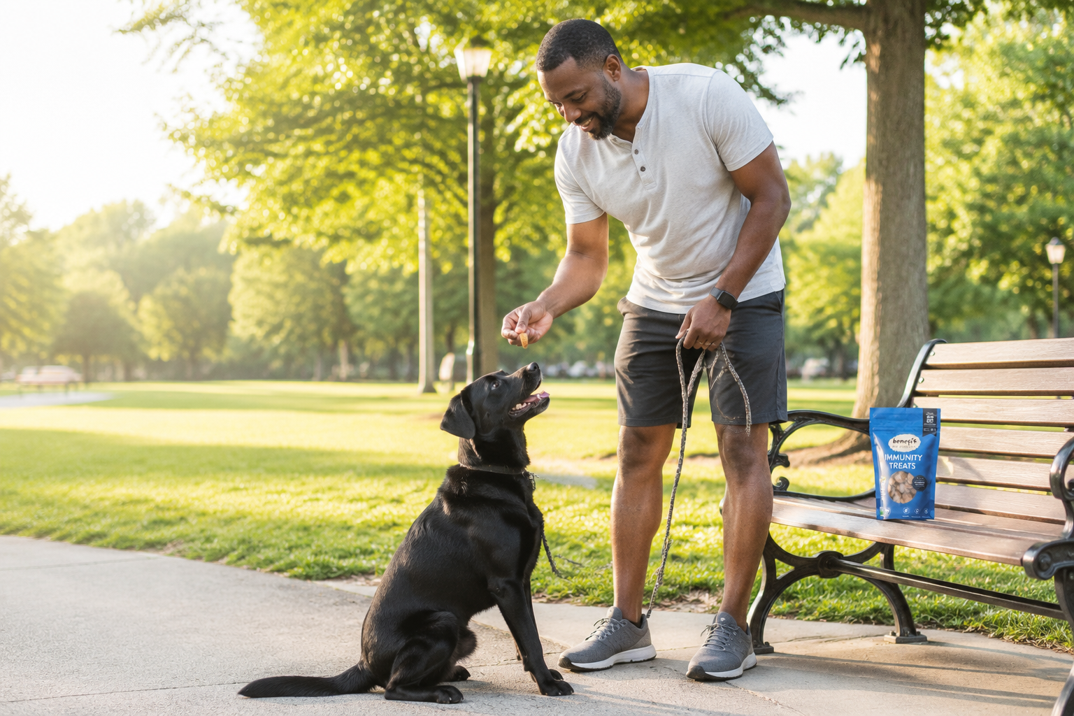 Black lab in the park with a bag of Benefit blueberry treats